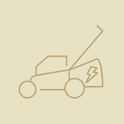 Ein minimalistisches Icon eines Akku-Rasenmähers in Linie-Art auf hellem Hintergrund.